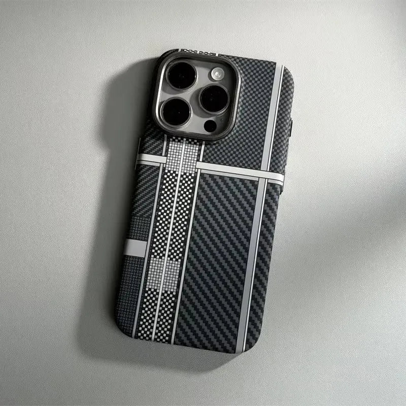For iPhone 16 Pro 15 14 13 Pro Max Case Carbon Fiber Geometric MagSafe Cover Magnetic Charging Shell Camera Alloy Armor Fundas