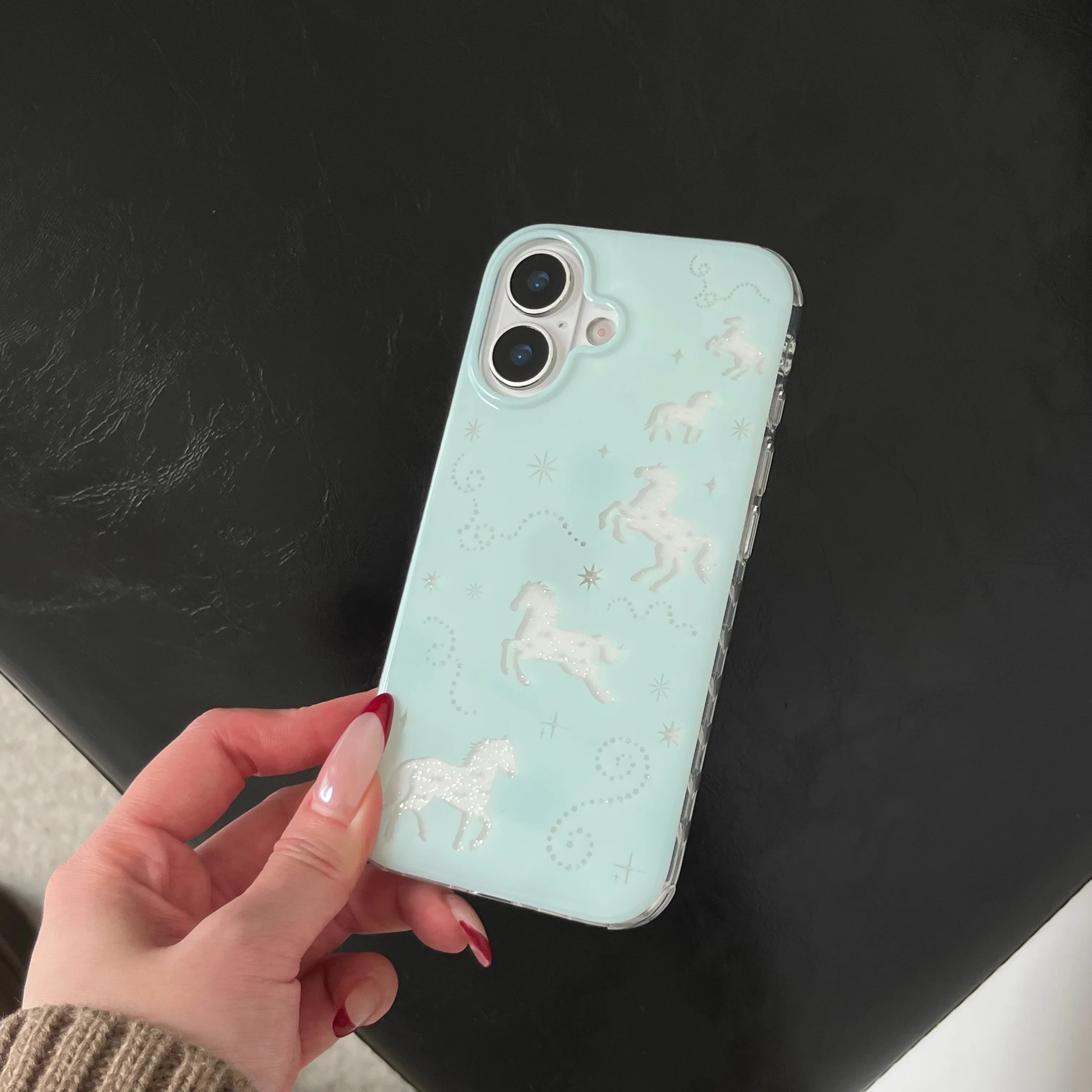 Glittery Mint Shimmering White Pony & Star Print Shockproof Phone Case for iPhone 17 16 15 14 11 12 13 Pro Max Plus Back Cover