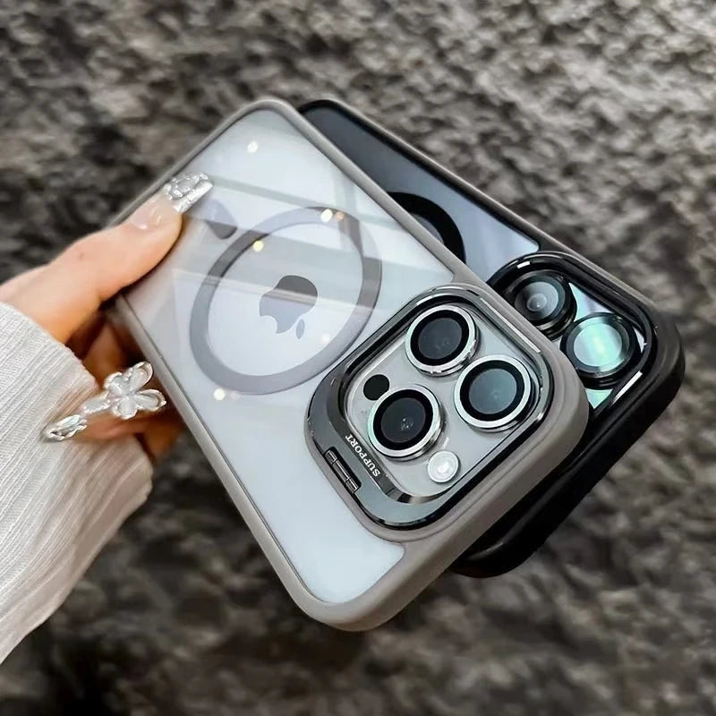 Luxury Stand Glass Lens Protection For Magsafe Phone Case For iPhone 17 Air 16 15 14 Plus 13 12 11 Pro Max 16e Magnetic Cover