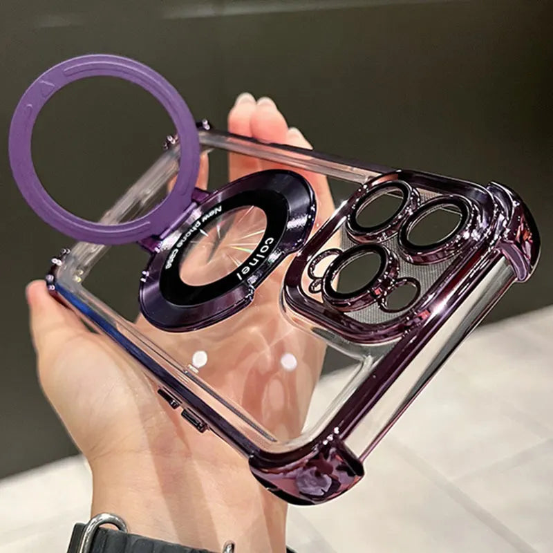 Luxury Plating Clear Magnetic Bracket For Magsafe Case For iPhone 16 15 14 13 12 11 Pro Max With Holder Stand Shockproof Cover