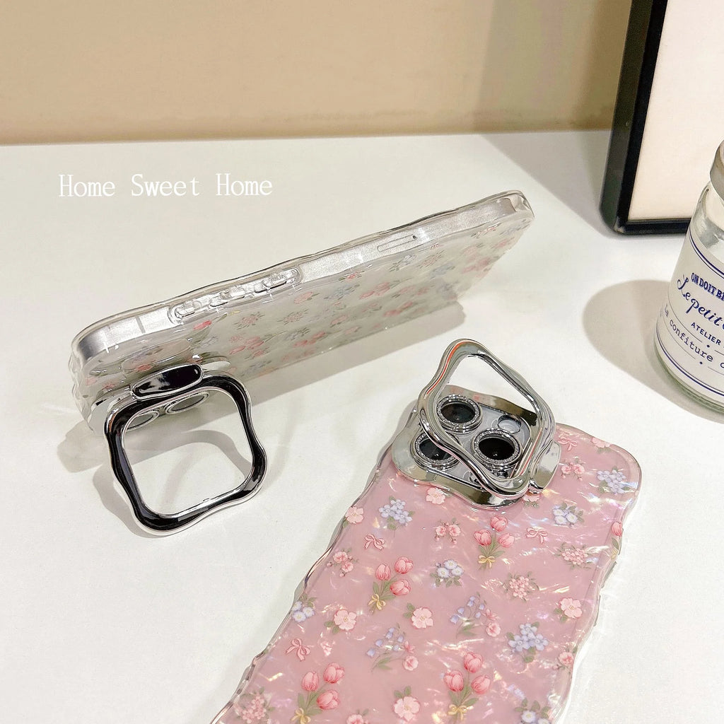 Chic Tulips Pattern Waving Frame Shell Gloss Len Frame Kickstand Phone Case for iPhone 16 15 14 11 12 13 Pro Max Plus Back Cover