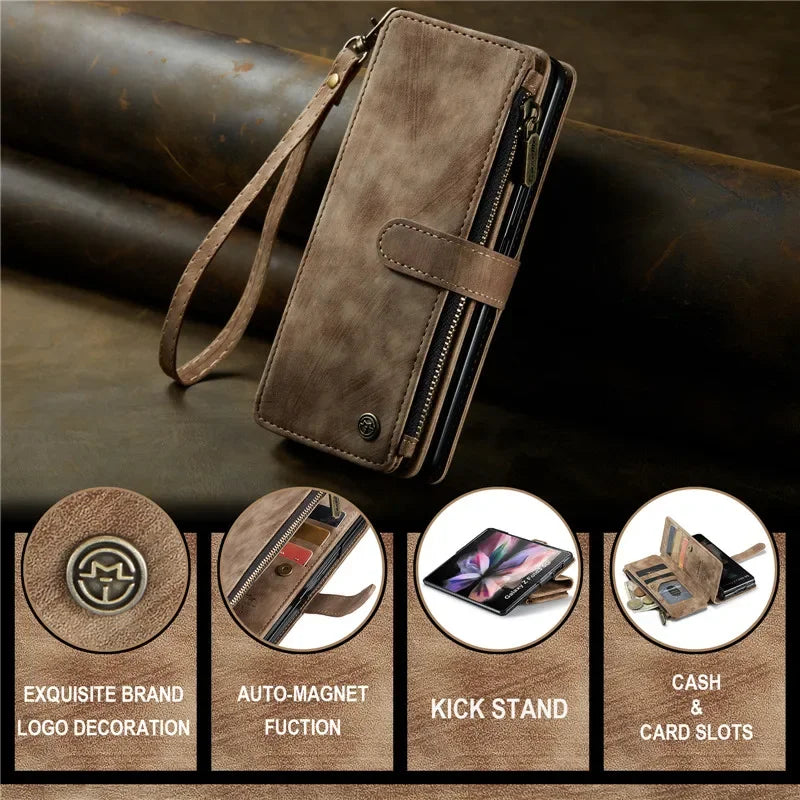 CaseMe Flip Leather Phone Case For Samsung Galaxy Z Fold 7 6 5 4 3 5G S26 Ultra S25 FE S24 Plus S23 S22 Zipper Wallet Card Cover