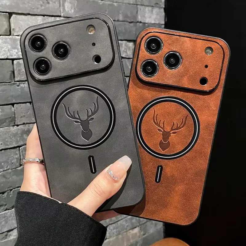Luxury Deer Head Leather For Magsafe Case For iPhone 17 16 15 14 13 12 11 Pro Max Plus Air Wireless Charging Phone Accessories