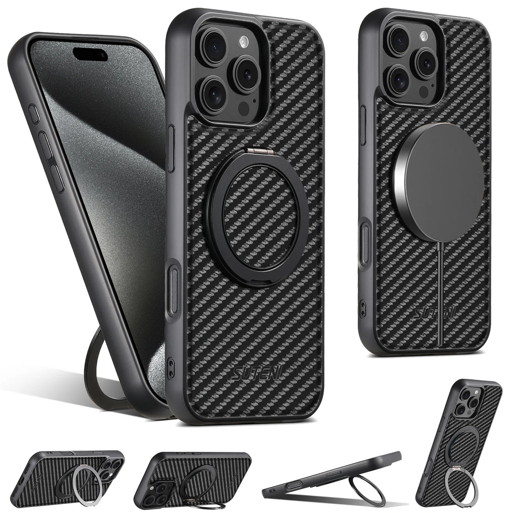 Magnet Wireless Charging Mobile Phone Case 360° Rotating Stand Faux Leather Ring Buckle For iPhone 17 Pro Max 16 Plus 15 14 13