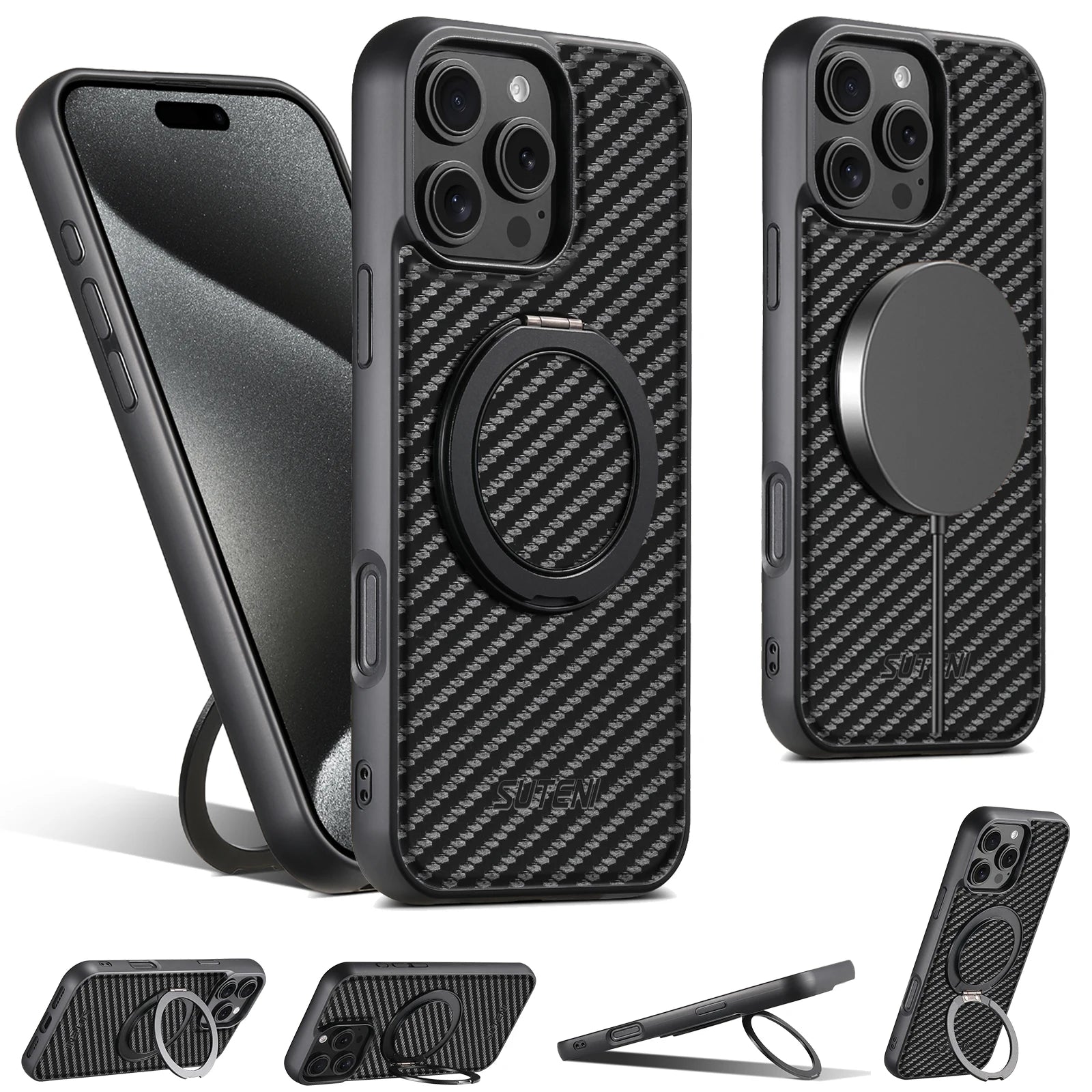 Magnet Wireless Charging Mobile Phone Case 360° Rotating Stand Faux Leather Ring Buckle For iPhone 17 Pro Max 16 Plus 15 14 13