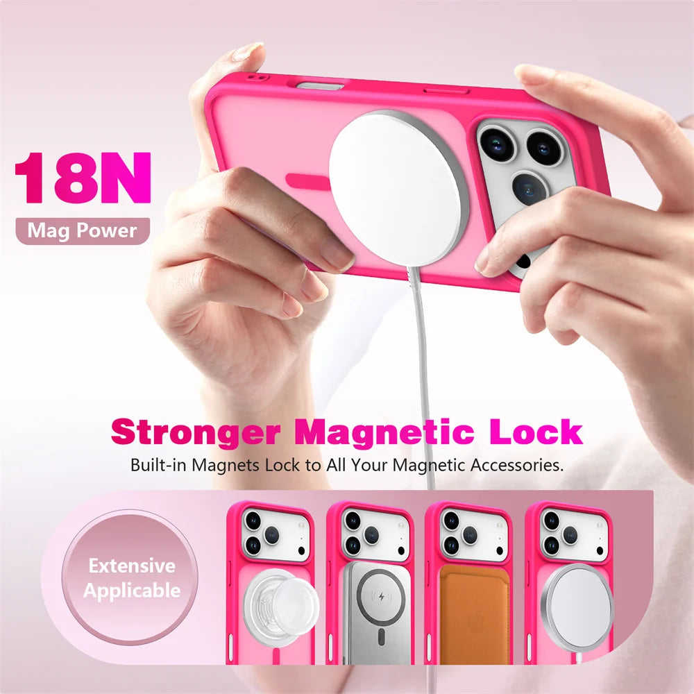 Magnetic Luxury Matte Translucent Armor Shockproof Case For iPhone 17 16 15 14 13 Pro Max 17Pro For Magsafe Wireless Charge Caps