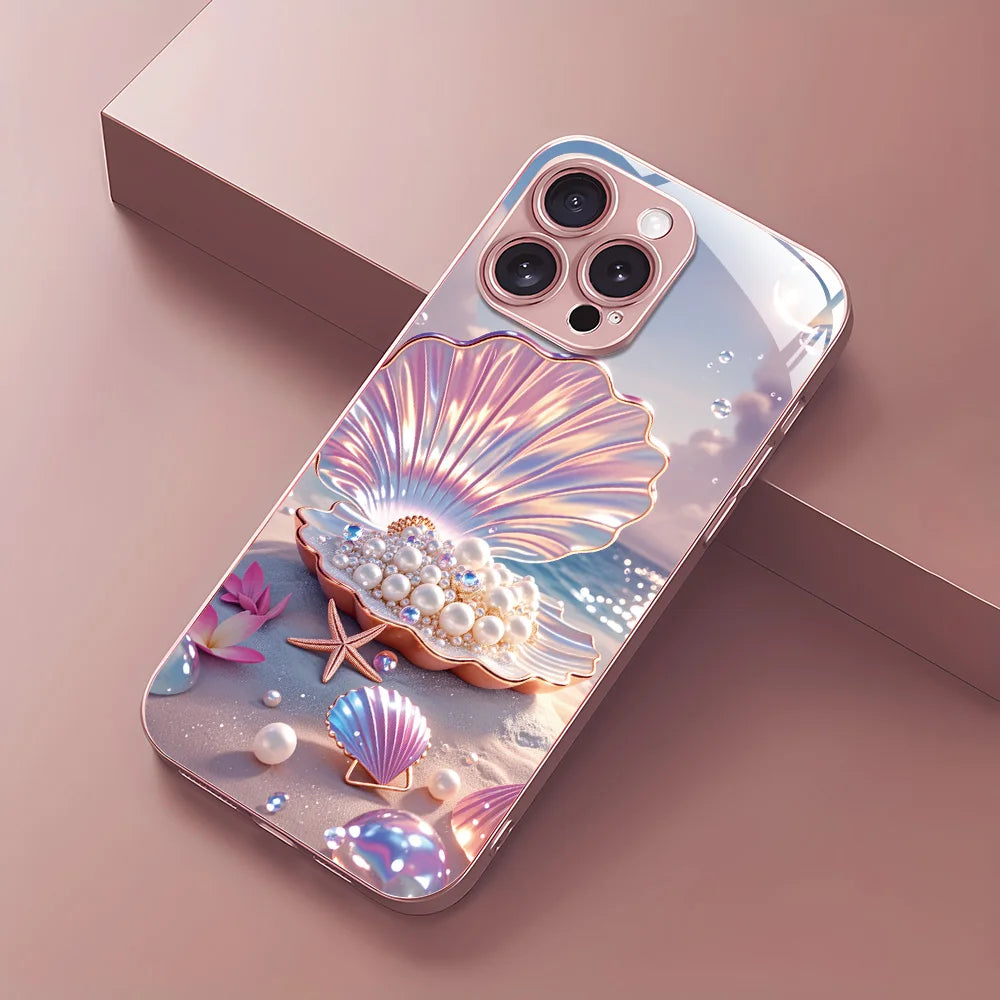 Colored Seashells Tempered Glass Phone Case For iPhone 17 Pro 16 15 17 13 Pro Max 12 11 13 14 Case Cover Shockproof Luxury Pearl