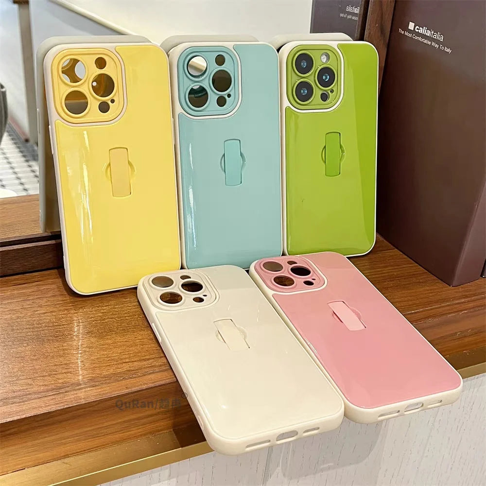 Candy Color Push Pull Ring Buckle Bracket Phone Case For iPhone 17 16 15 14 13 Pro Max Grip Stand Holder Shockproof Glossy Cover