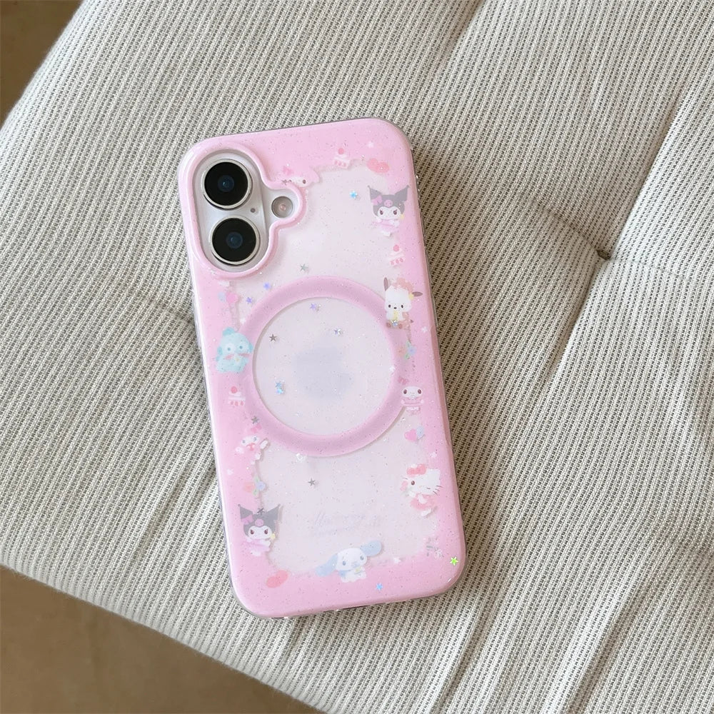 Kawaii Kuromi HelloKitty Magnetic Phone Case With Magsafe Shake Cartoon Stand  for iPhone 17 Pro 16 15 16 Max 15 Pro Max Cover