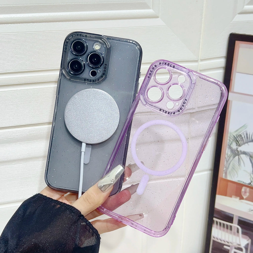 Sparkling Glitter For Magsafe Magnetic Phone Case For iPhone 17 16 15 14 13 Pro Max Clear Hard Acrylic Wireless Charging Cover