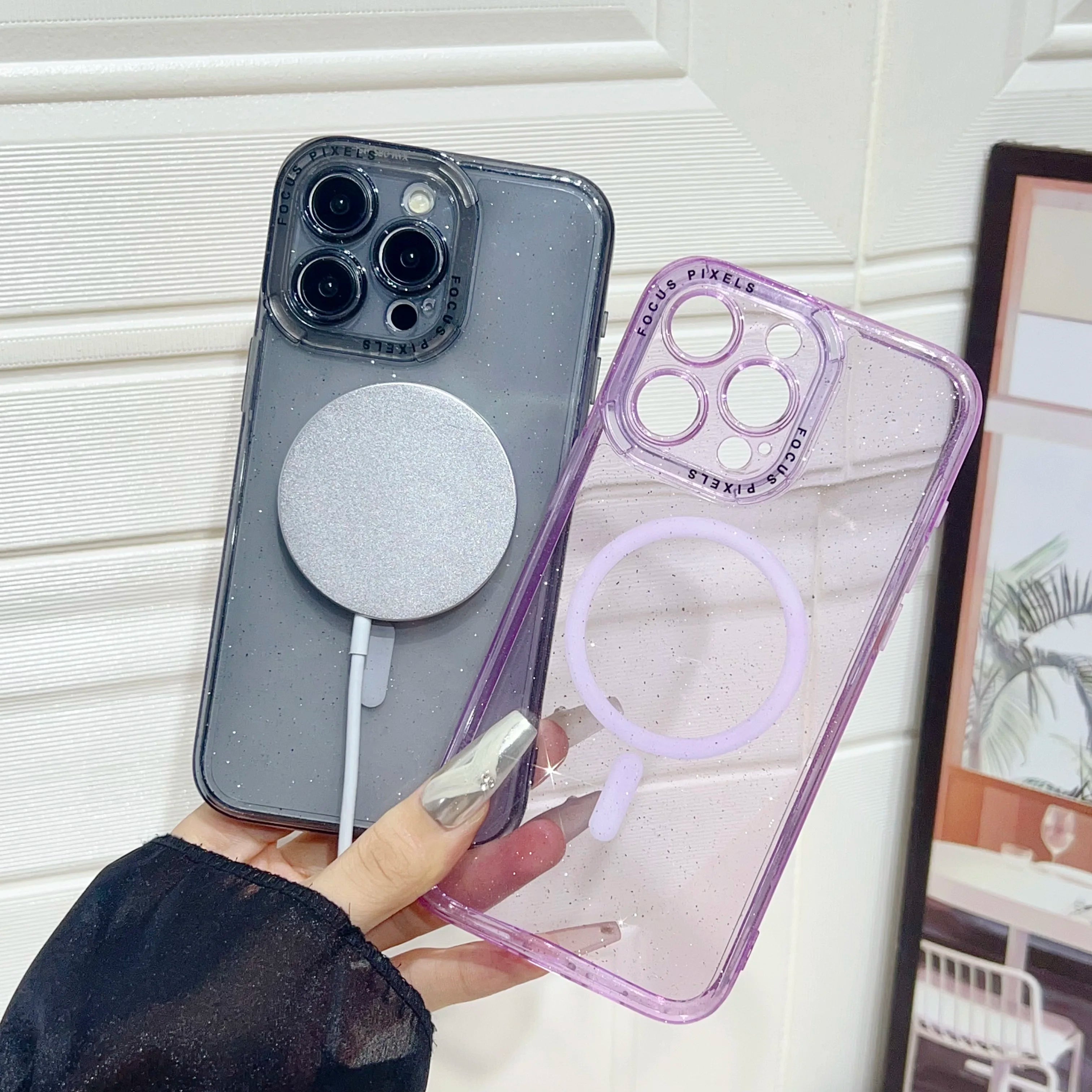Sparkling Glitter For Magsafe Magnetic Phone Case For iPhone 17 16 15 14 13 Pro Max Clear Hard Acrylic Wireless Charging Cover