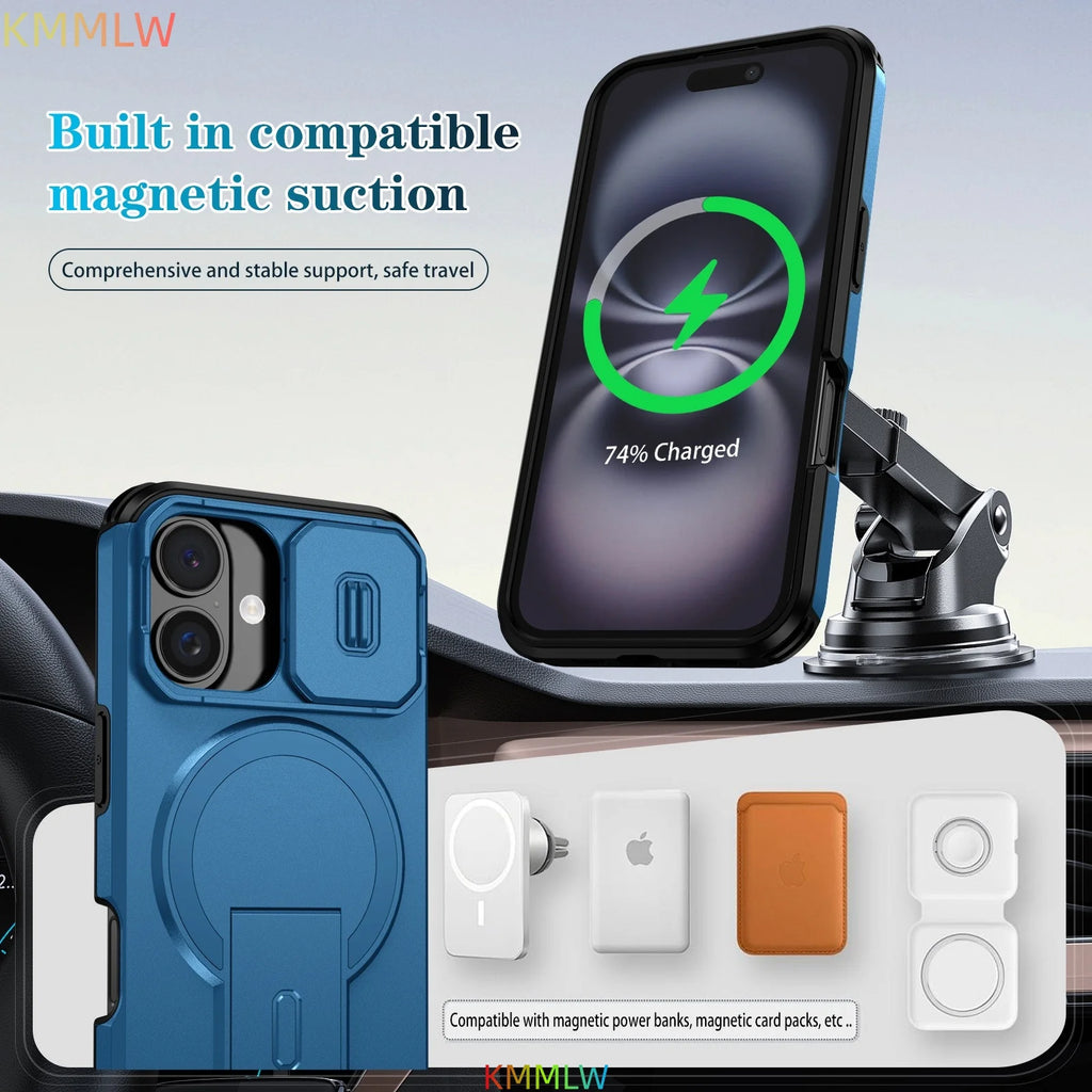 Lens Protect Camera Phone Case for iPhone 16 15 14 13 12 11 Pro Max Plus 16e Magnetic Kickstand Cover