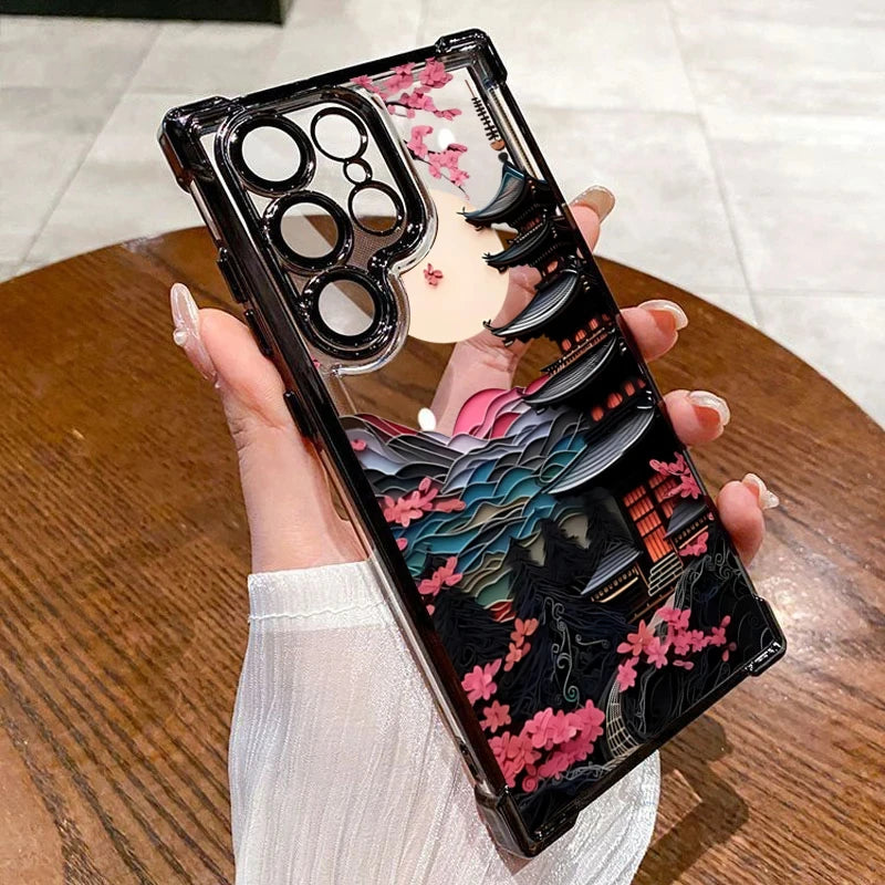 Japanese-Style Ancient House Airbag Phone Case For Samsung Galaxy S25 S24 Ultra S23 S22 Plus S21 FE Clear Soft Cover