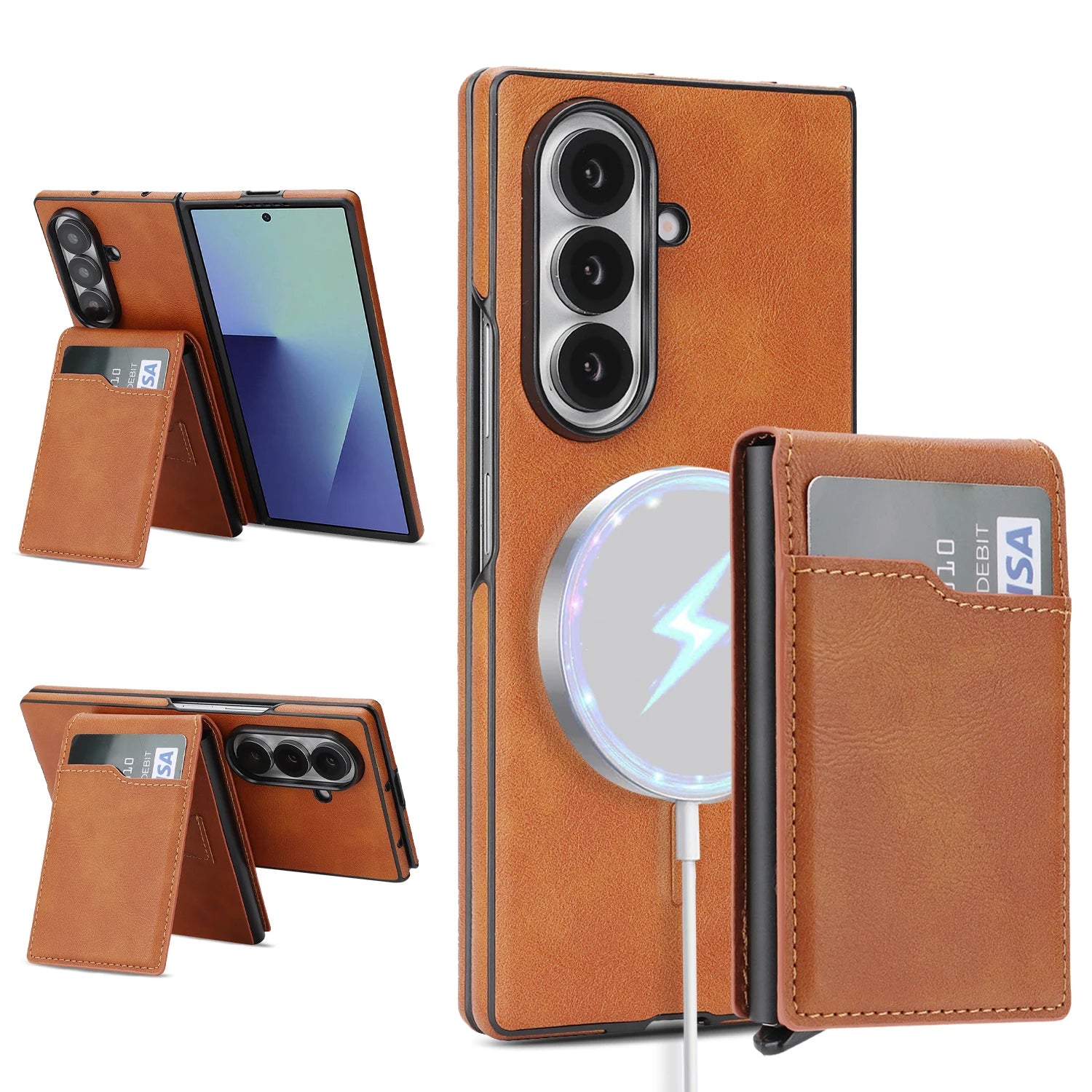 2 in 1 Wireless Charging Leather Case For Samsung Galaxy Z Fold 7 6 5 4 3 Fold7 Magnetic Card Slots Cards Holder Phone Cover