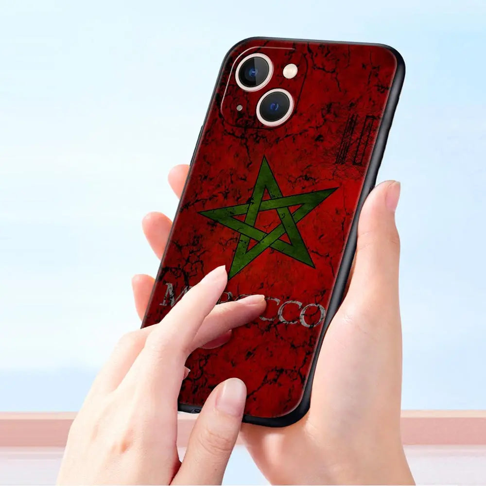 Morocco Flag Passport Luxury Phone Case For iPhone 13 15 14 12 11 Pro MAX XR X SE XS 7 8 Plus Silicone Black Cover Shell