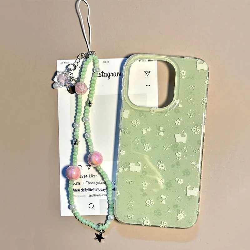 Crystal transparent white light IND matcha green floral cat phone case with bead chain for iPhone 11 12 13 14 15 16 17 Pro max