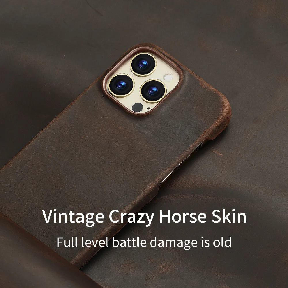 Retro Cowhide Phone Case for iPhone 17 16 15 Pro Max 13 14 Pro 17Pro Air Luxury Crazy Horse Genuine PULL-UP Leather Back Cover