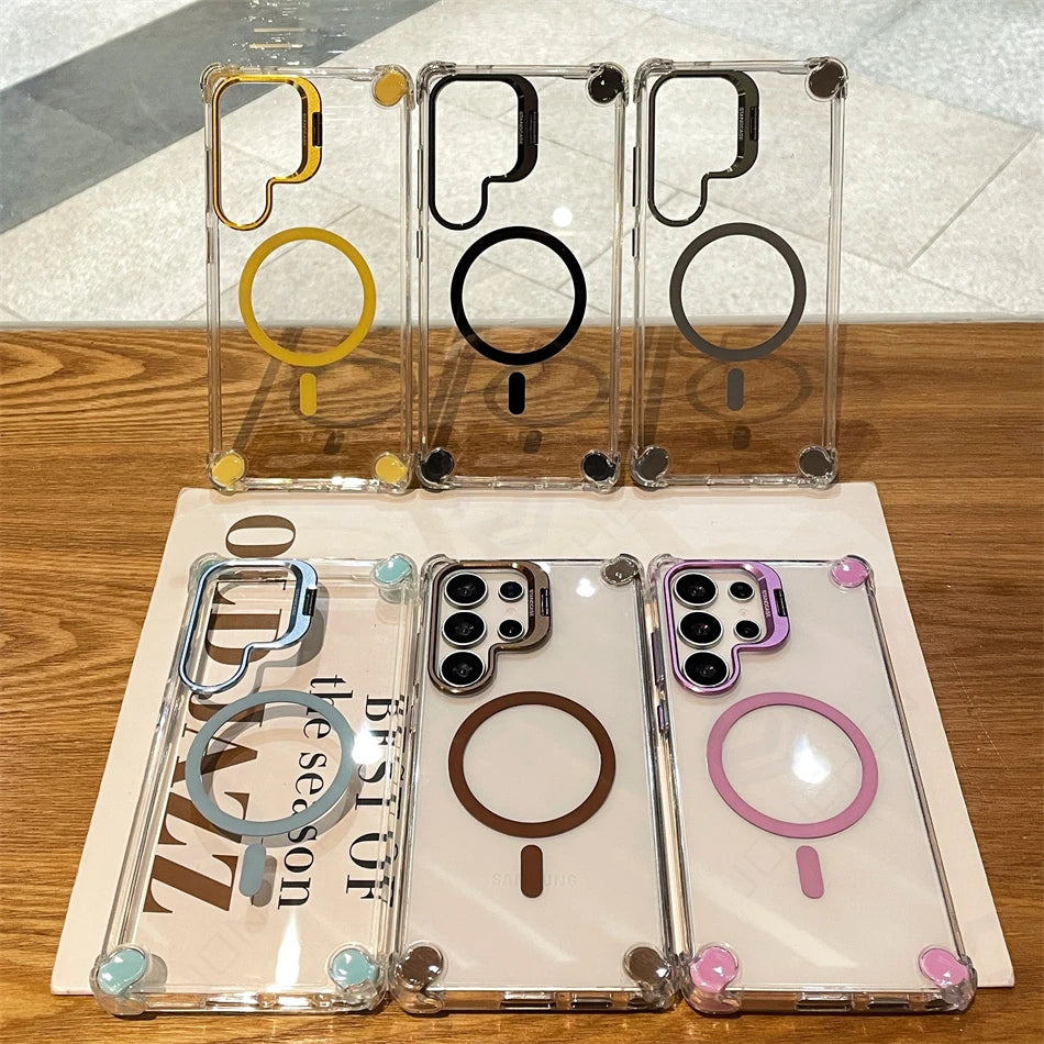 Luxury Transparent Case For Samsung Galaxy S25 Plus S24 S23 S26 Ultra Shockproof Frame Stand Armor Silicone Cover For Magsafe