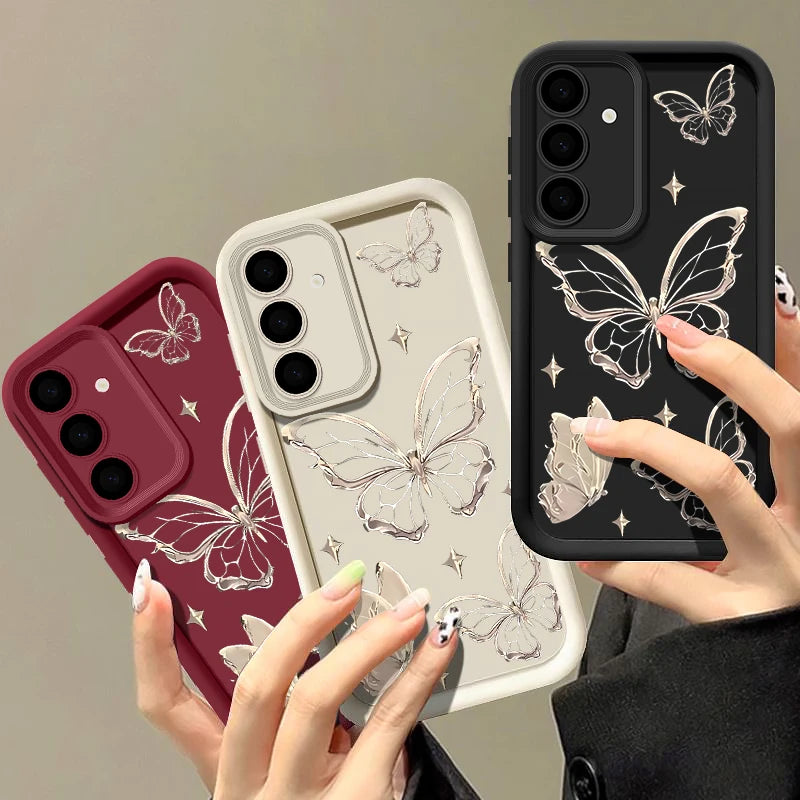 Gold Butterfly Print Case For Samsung Galaxy S25 S22 S23 Ultra S24 FE A56 A17 A36 A26 A55 A16 A15 A35 A25 A54 5G Soft TPU Cover