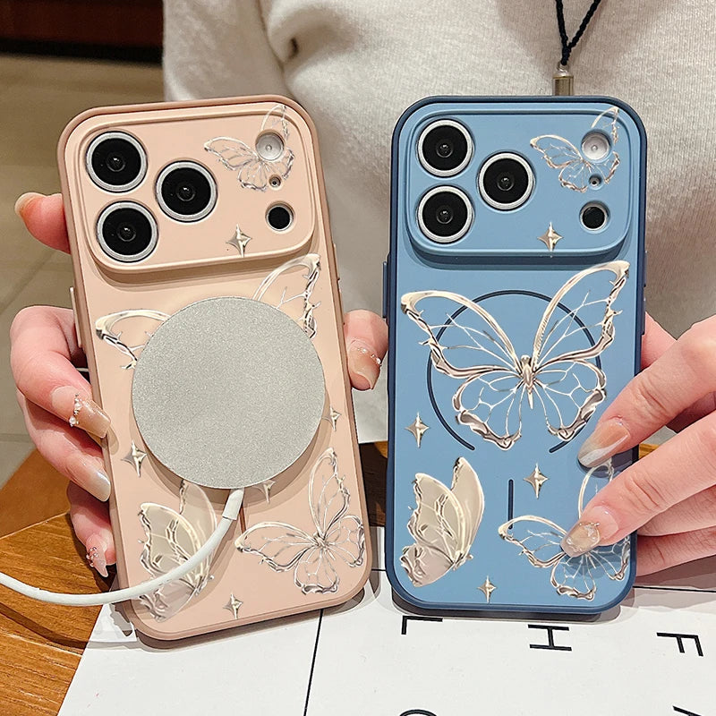 Gold Butterfly Pattern Magnetic Phone Case For iPhone 17 Pro Max 16 15 14 13 Pro Max For Magsafe Wireless Charge Hard PC Cover