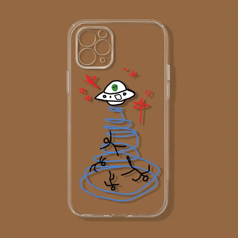 Graffiti Alien UFO Creative Cartoon Soft Phone Case For iPhone 16 15 14 13 12 11 Pro XR X Max 7 8 Plus MINI Y2K Cute Clear Cover