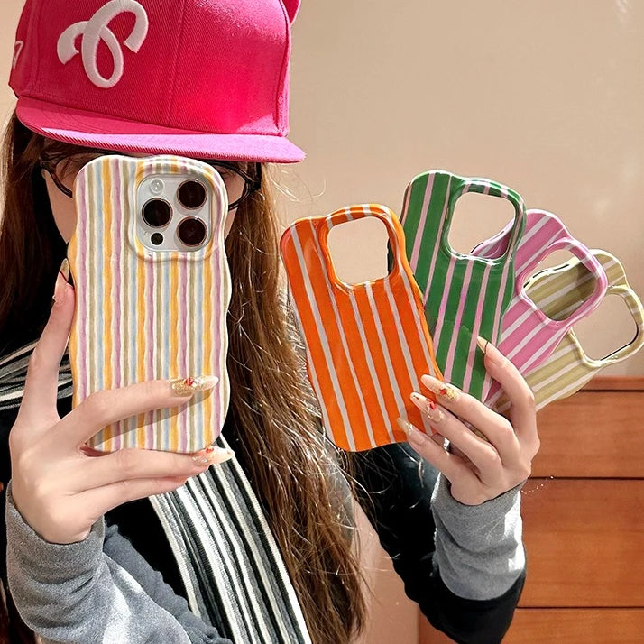 Luxury Color Contrast Stripes Wave Case for iPhone 16 15 14 17 Pro Max 12 13 17 Air Colorful Curly Border Glossy Hard Slim Cover