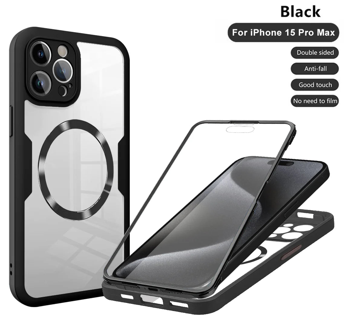 360 Double Sided Full Protection Magnetic Phone Case For iPhone 15 14 12 13 11 Pro Max 16 Plus with Screen Protector Clear Cover