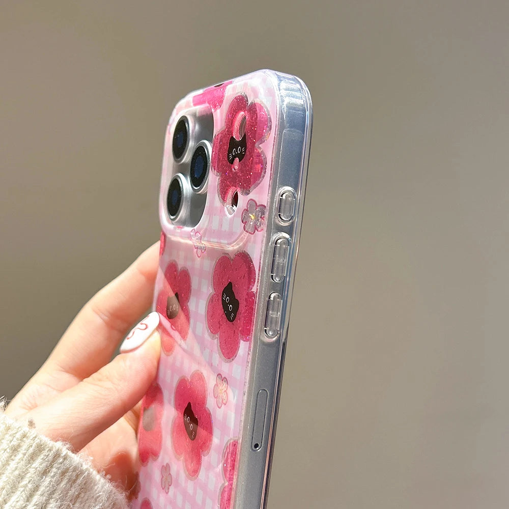 Cute Pink Grid Pattern for Iphone 17Promax Cartoon Black Cat Glitter Case for iPhone 14 15 16 Pro Max 17 pro Shockproof Cover