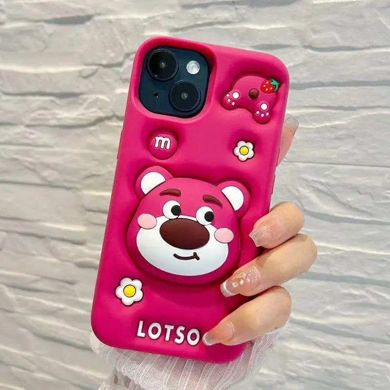 Cartoon lotso Bear Cute Soft Silicone Case For iphone 17 16 15 14 13 12 11 Pro Max XSMAX XR 6 7 8 Plus With Stand Holder Cover