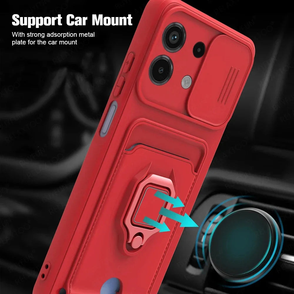Slide Camera Ring Holder Case For Xiaomi Redmi Note 13 Pro 12 11S 10S 10 11 Pro Plus Redmi 13C 12C 12 10C 10A 10 Silicone Cover
