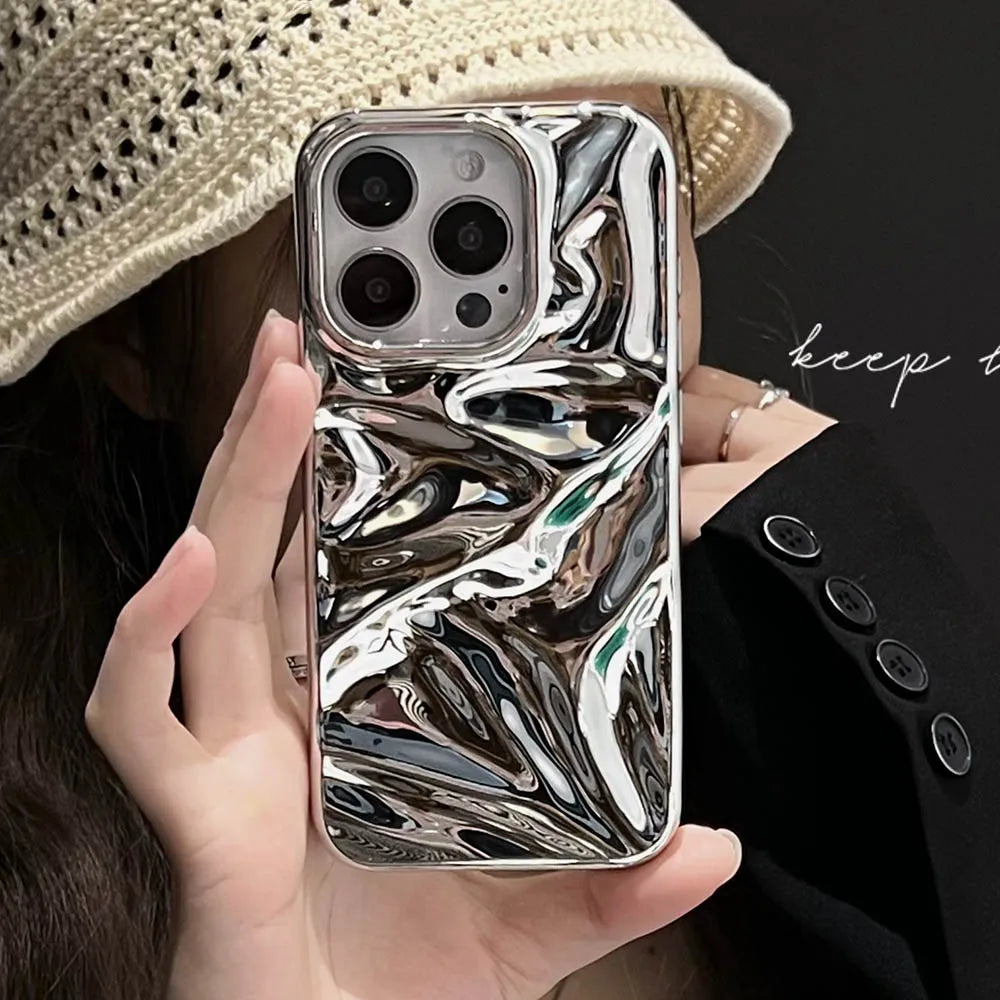 Luxury Electroplate Silvery 3D Wrinkle Phone Case For iphone 17 16 15 14 13 11 12 Pro Max 17Air Purple Water Ripple Soft Cover