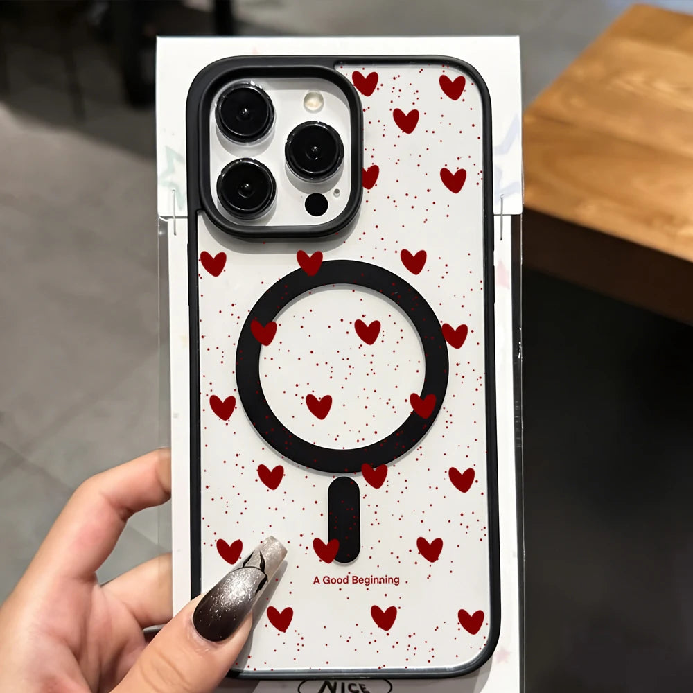 Simple Heart Polka Dot Clear Case For Magsafe iPhone 14 Pro Max 17 15 14 11 13 12 ProMax Plus Cases Wireless Charing TPU Fundas