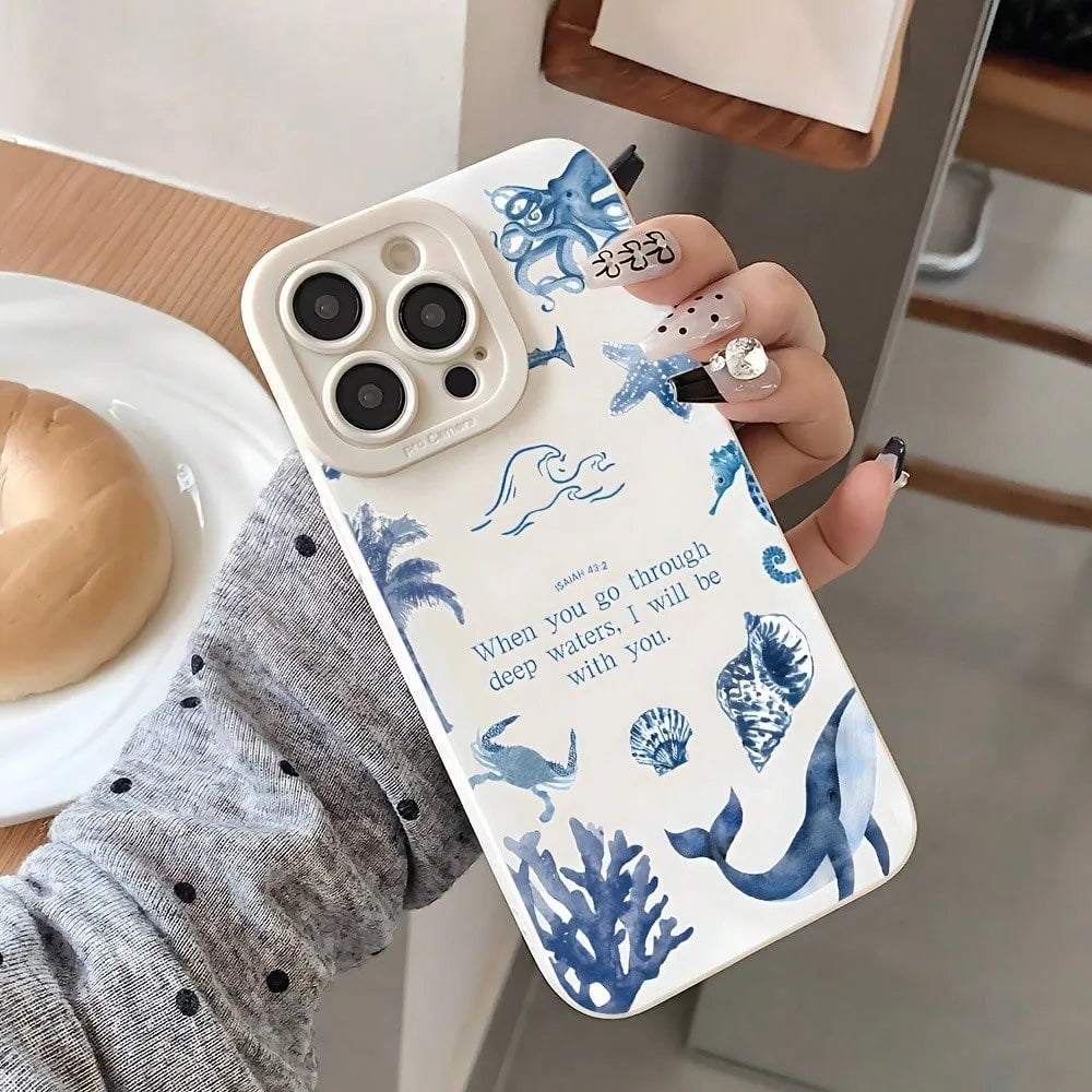 For iPhone 17 16 15 14 13 12 11 Pro Max XS XR 8 7 Plus 16e 17e Air Sea Turtles Sharks Whales Ocean Life Design Phone Case Cover