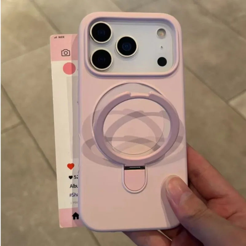 Metal Stand Holder Original Liquid Silicone Case for iPhone 17 Air 16 15 14 Plus 13 12 Pro Max For Magsafe Soft Shockproof Cover