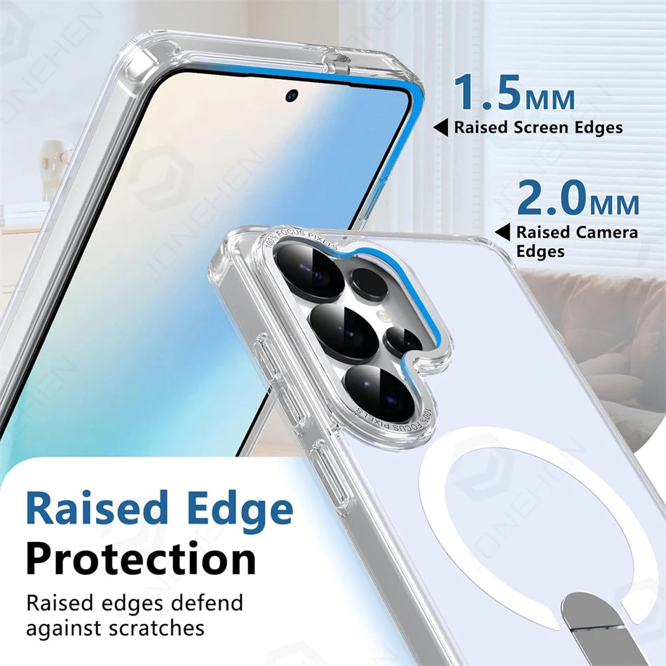 Luxury For Magsafe Wireless Magnetic Charging Case For Samsung Galaxy S25 Plus S24 S23 S26 Ultra S24 FE Stand Holder Clear Cover