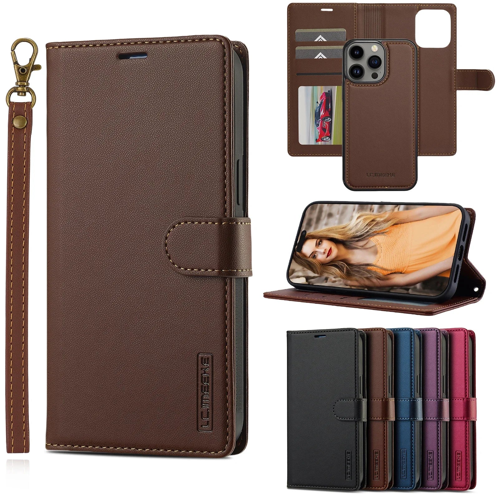 2 in 1 Removable Cards Solt Flip Leather Wallet Case For iPhone 15 Pro Max 14 Plus 16 13 12 11 SE 2022 XR XS Magnetic Bag Cover