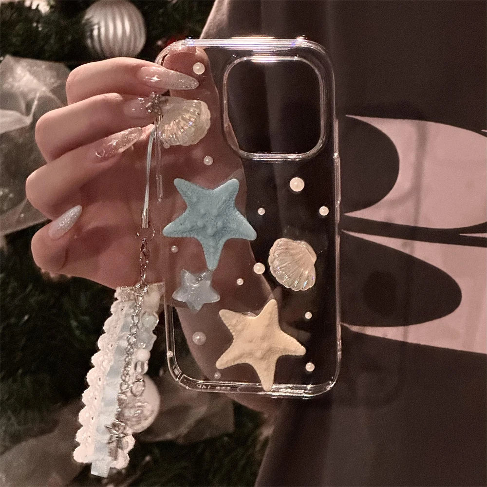 Cute Summer Seastar Shell Pattern Pendant Clear Phone Case For iPhone 16 15 14 13 12 11 Pro Max Plus 3D Cover Korea Girl Shell