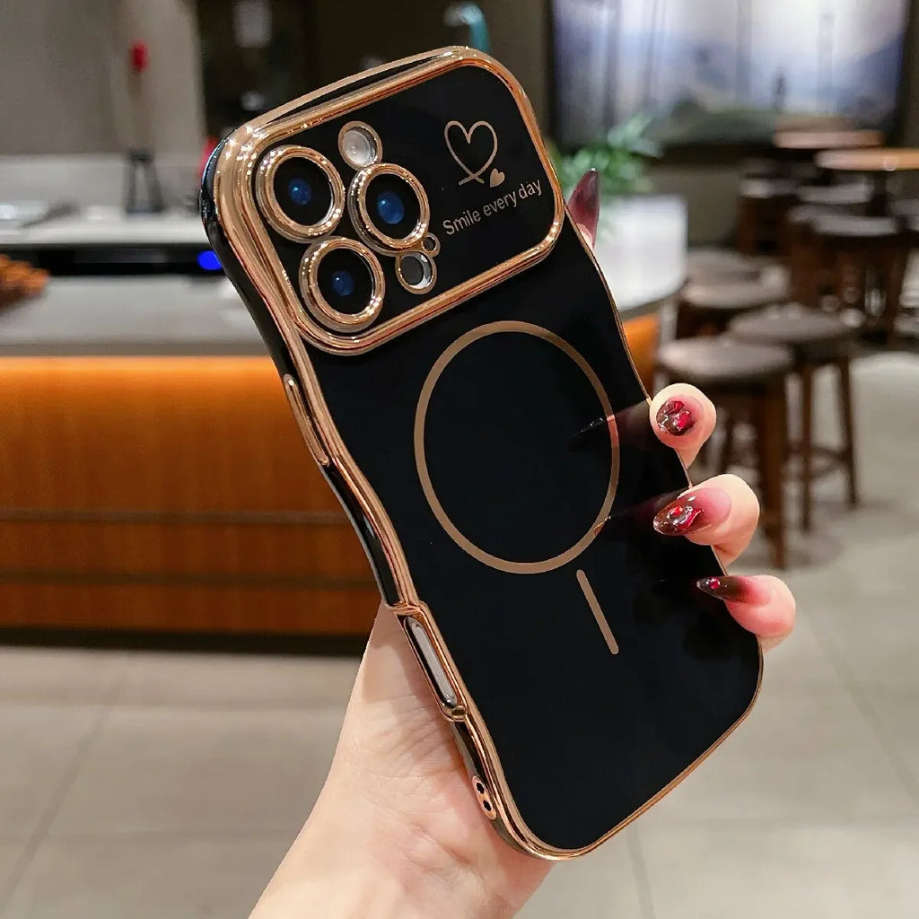 Fashion Wave Heart Shape Electroplating for Magsafe Case for iPhone 16 Pro Max 15 14 13 12 11 Magnetic Wirelesss Charge Cover