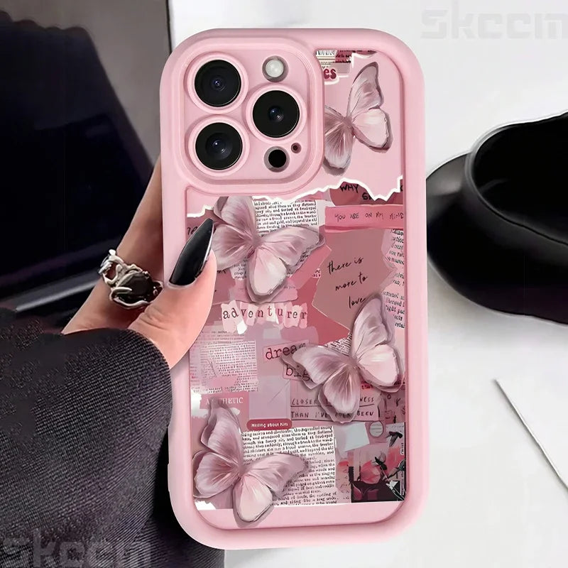 Pink Cute Butterfly Silicone Soft Phone Case For iPhone 16 16E 15 14 13 12 11 Pro Max XS XR X 7 8 Plus Shockproof Candy Cover