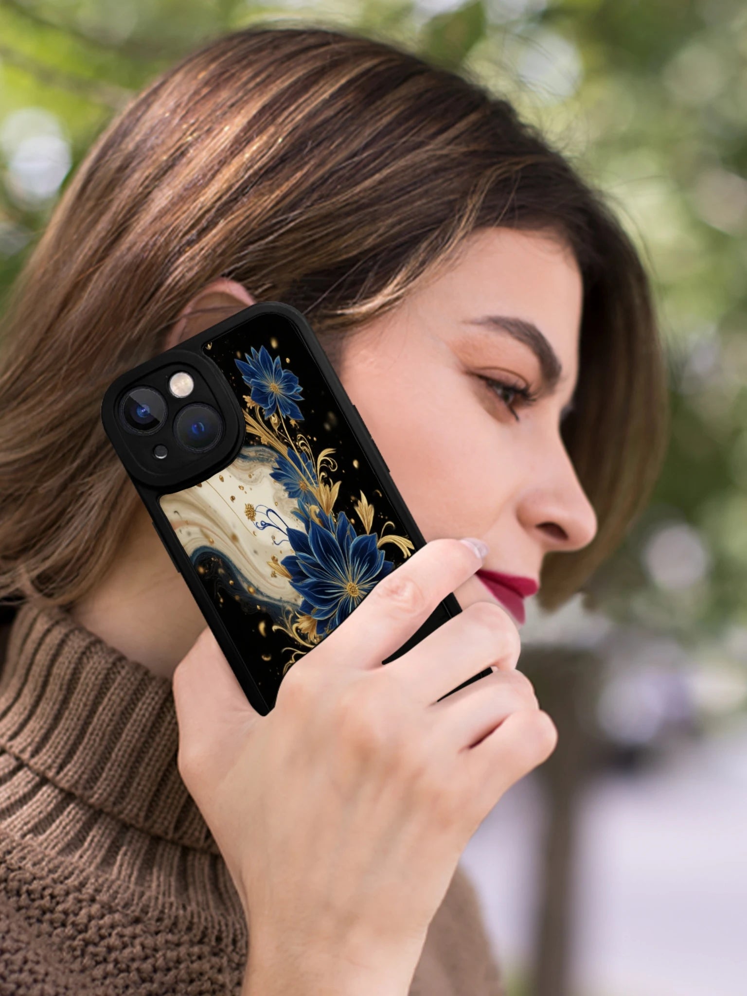 Floral Phone Case Black Blue Gold Flower Pattern For Iphone X To Iphone 16 Pro Max Fashion Protective Cover For Daily Use And Gift