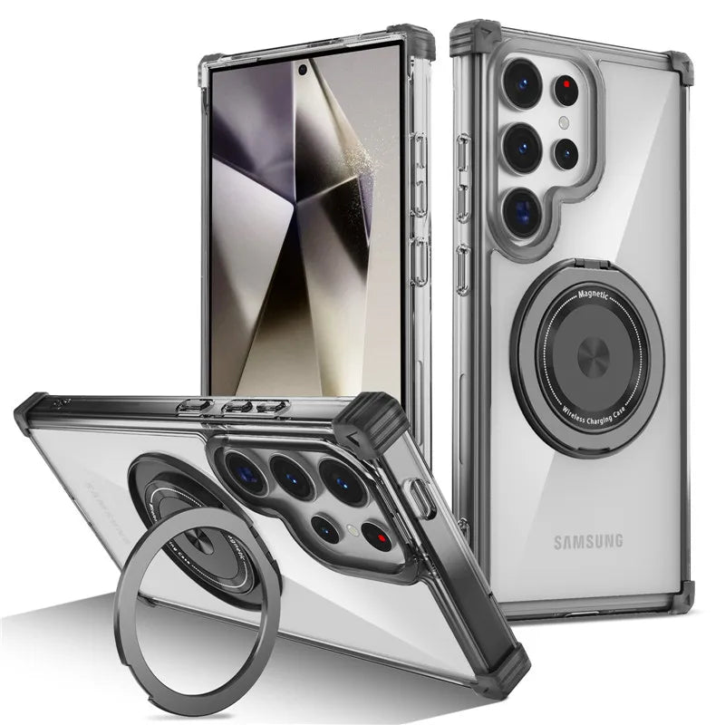 Rotating Magnetic Magsafe Bracket Case For Samsung Galaxy S26 Ultra S26 Plus S26 Ring Stand Holder Transparent Protective Cover