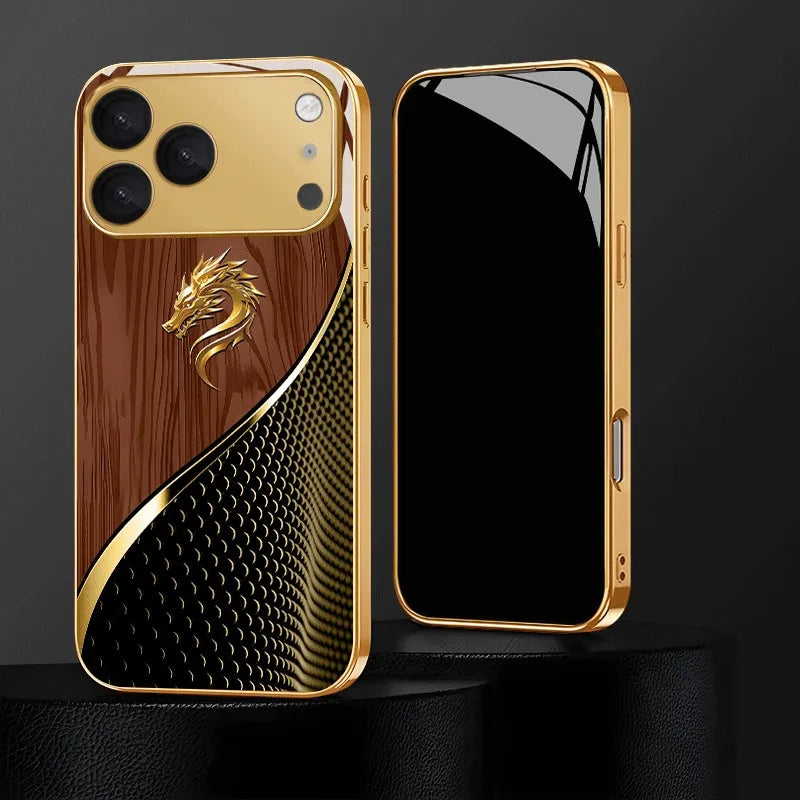 Luxury Textured Dragon Head Gold Metallic Paint Glass Phone Case For iPhone 17 Pro Max 11 12 13 14 15 16 Plus 17 Air 16E Cover