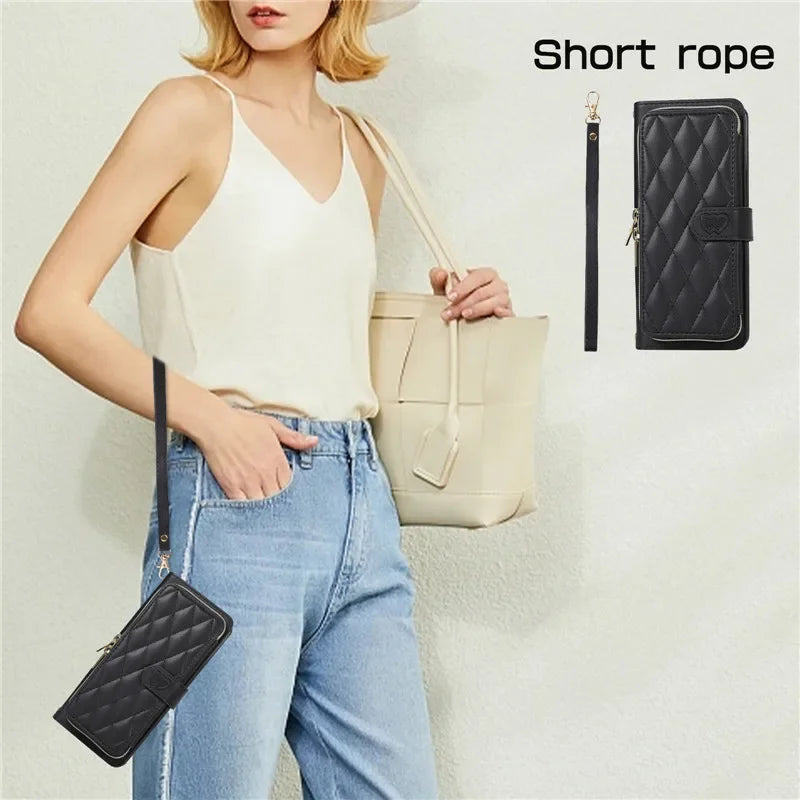 Crossbody Leather Zipper Wallet Card Phone Case for Samsung Galaxy Z Fold 7 6 5 4 3 5G Luxury Wrist Rope Flip Stand Cover Coque