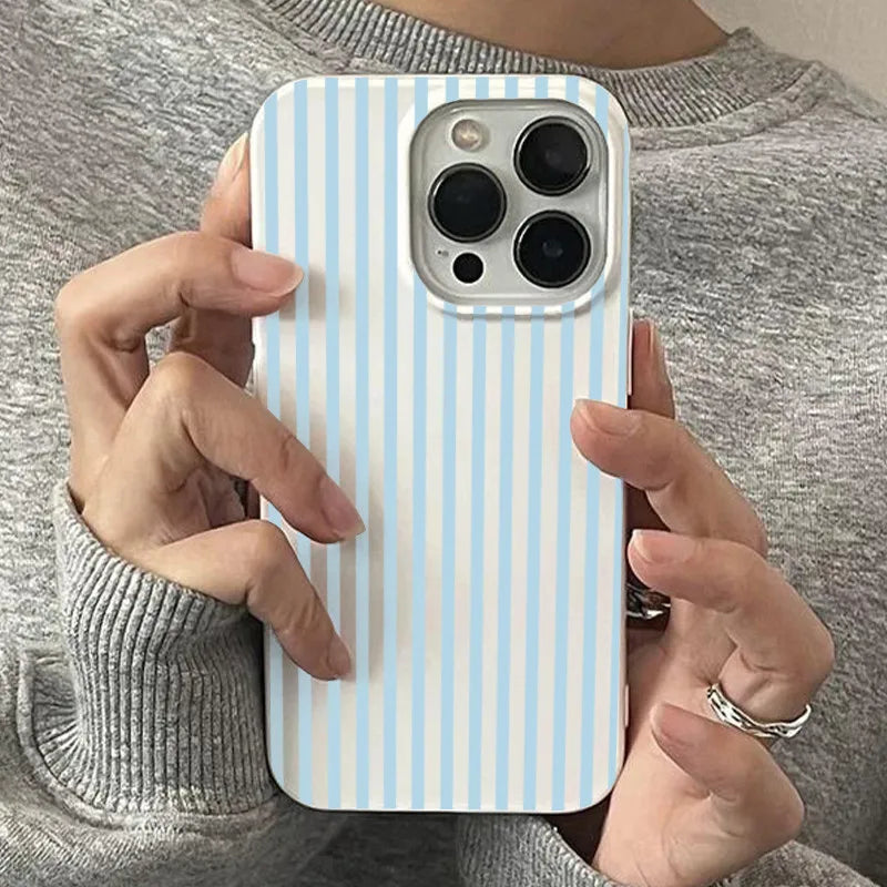 Fresh Blue and White Striped Glossy Phone Case for iPhone 11 12 13 14 15 16 17 Pro Max 17 Air 16E Soft Casing Shockproof Cover