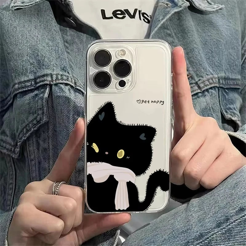 Cartoon Black White Cat Couple Phone Case For iPhone 17 Pro Max 16 15 Pro 14 13 Mini 12 11 17Air 16 Plus Clear Bumper Cover