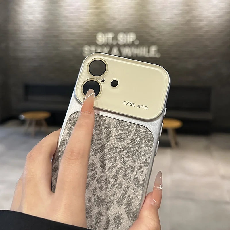 Luxury Retro Leopard Pattern Case For iPhone 17 16 15 14 Pro Max 13 Shockproof Large Window Camera Glass Matte Plating Cover