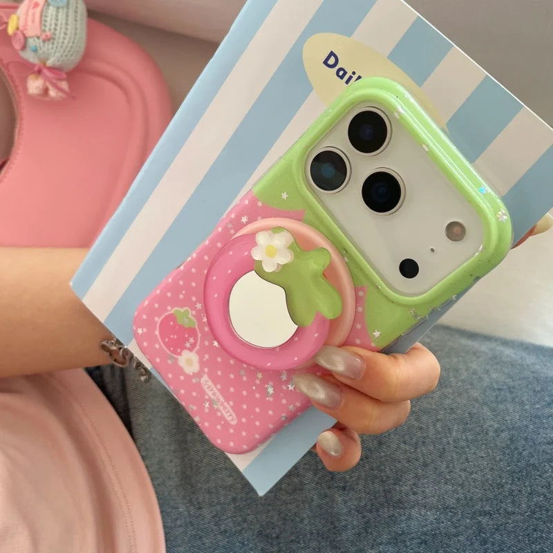 Korean Star Polka Dot Strawberry Magnetic Phone Case For iPhone 17 Pro 15 14 16 Pro Max Cover with Magsafe Stand Cute Cases Capa