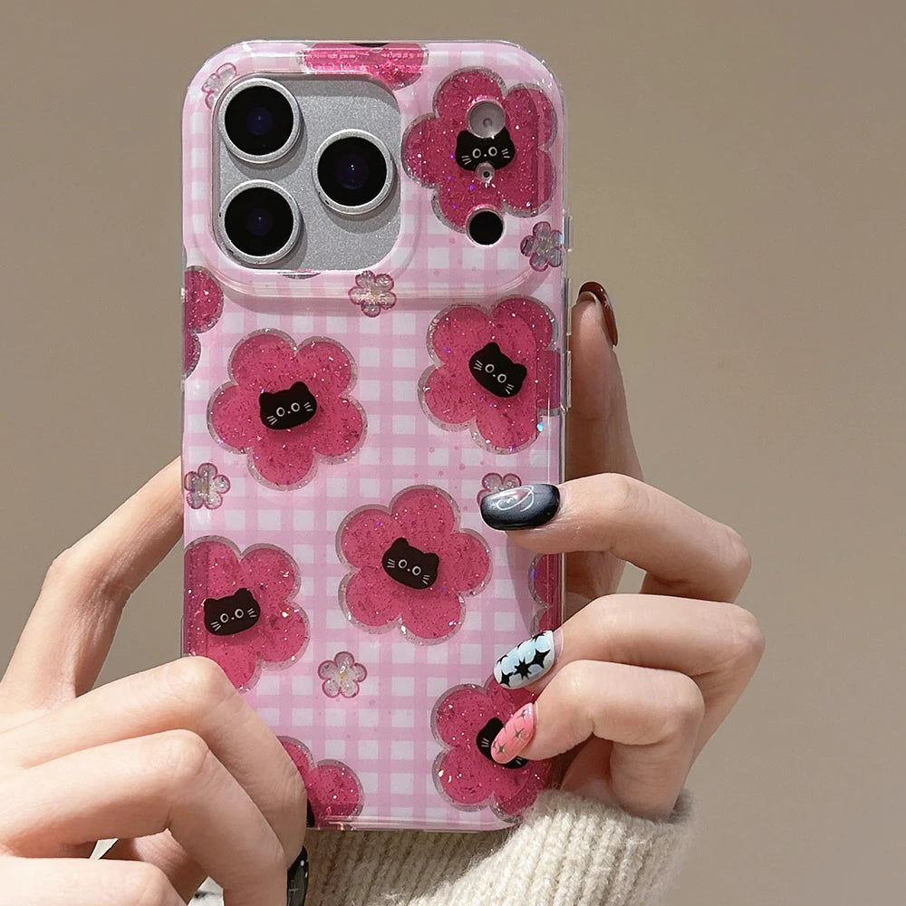 Cute Pink Grid Pattern for Iphone 17Promax Cartoon Black Cat Glitter Case for iPhone 14 15 16 Pro Max 17 pro Shockproof Cover