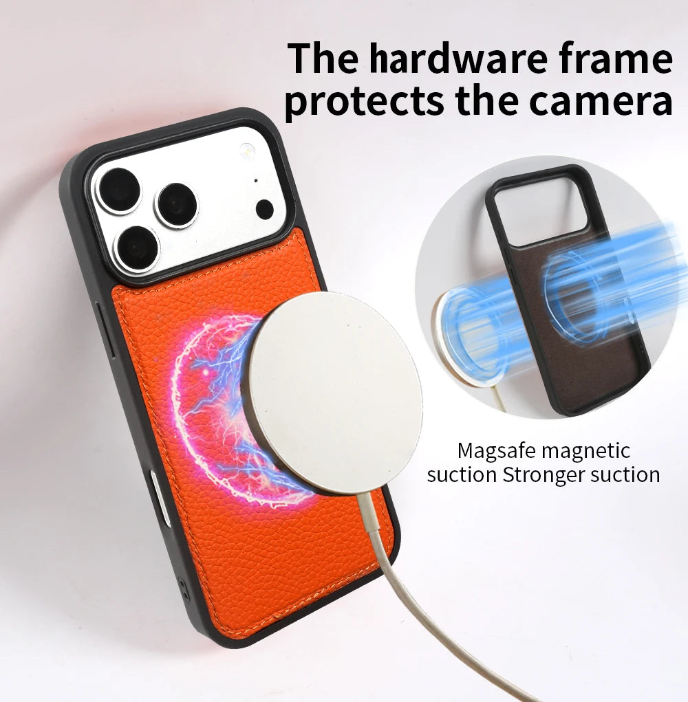 Magnetic Lychee Genuine Leather Case For iphone Air 17e 16e 11 12 13  14 15 16 17 Pro Max Phone Back Cover For Magsafe Case Capa