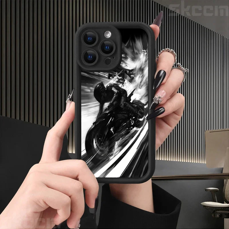 Fashion Black Biker Motorcycle Phone Case For iPhone 16 Pro Max 15 14 13 12 11 7 8 Plus X XS XR Shockproof Silicone Soft Cover